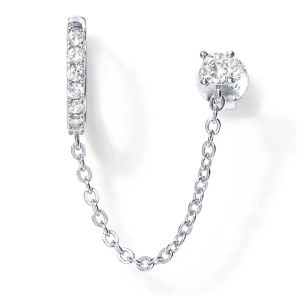 14K Gold Double Piercing Dangle Chain Huggie Hoop CZ Earrings In White Gold